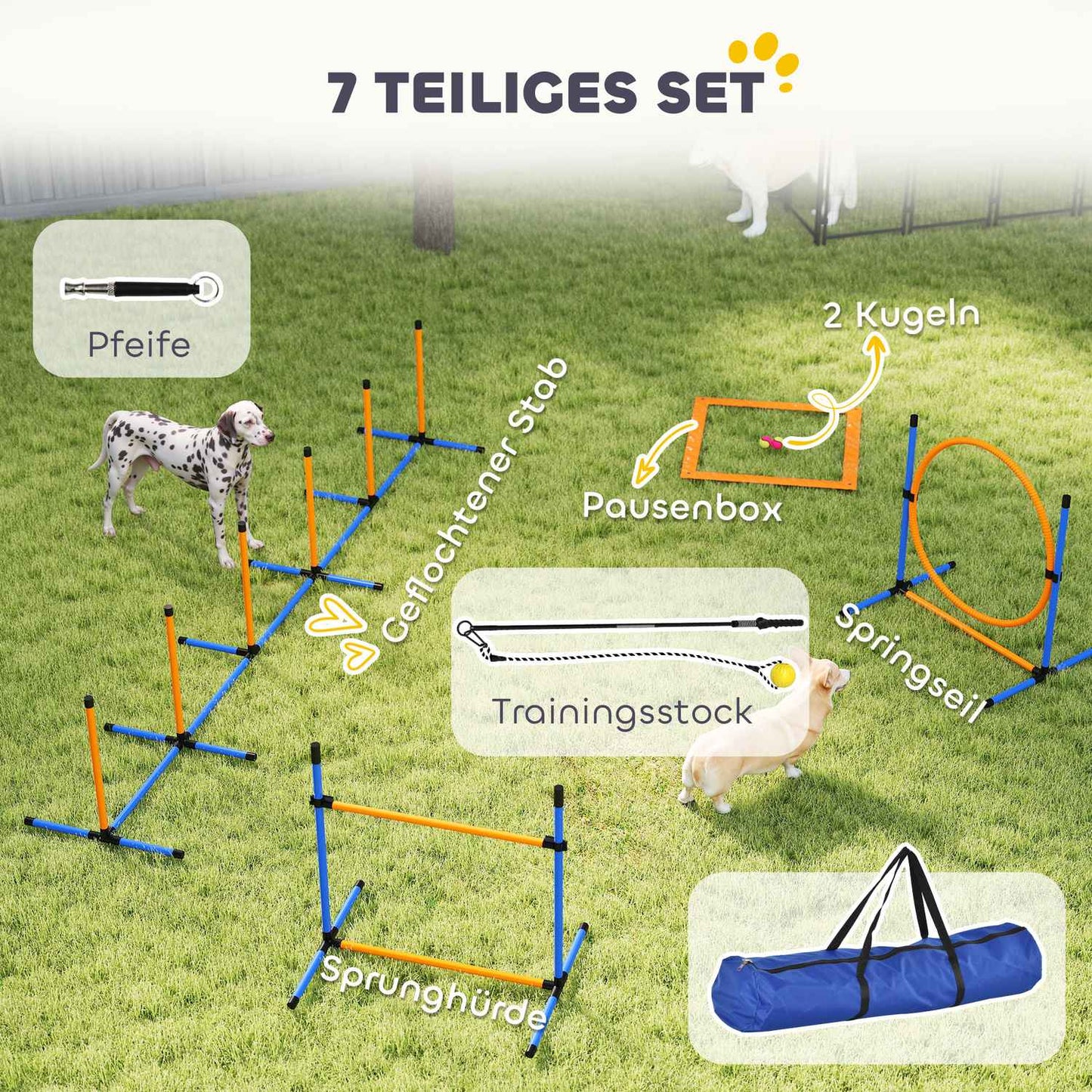 Dog Agility Set, adjustable hurdles & slalom poles, 9 parts