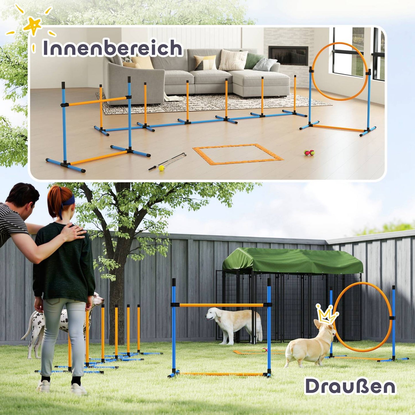 Dog Agility Set, adjustable hurdles & slalom poles, 9 parts