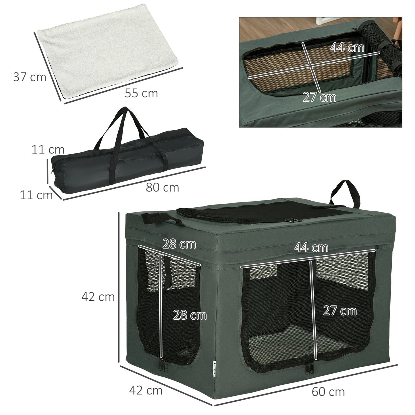 Pet carrier, gray Oxford, mesh window, for pets up to 4 kg