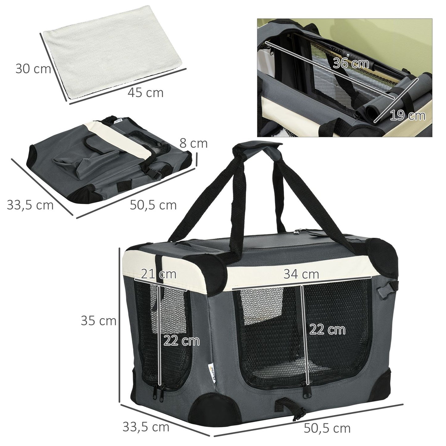 Foldable gray dog bag with cushion, small size