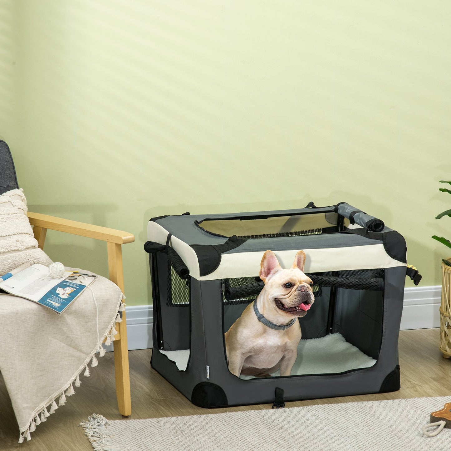 Foldable dog transport bag with cushion, grey/black