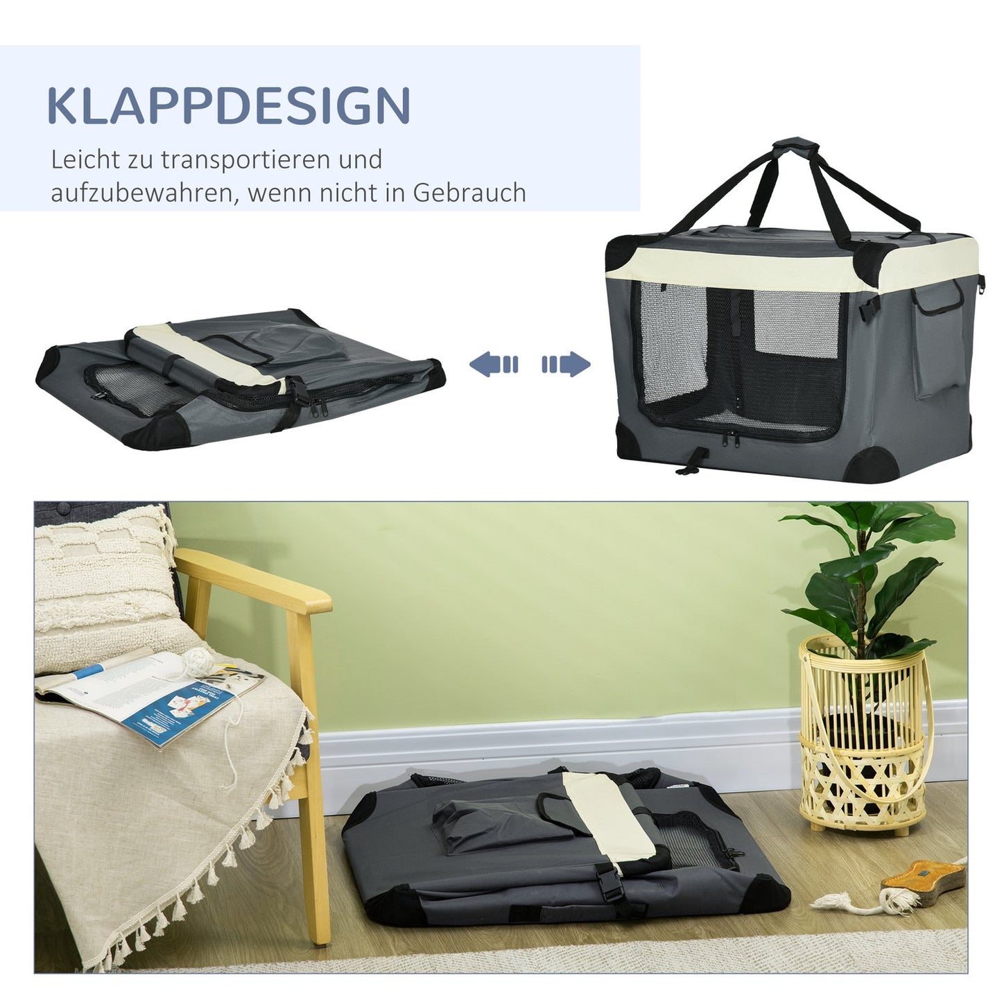 Foldable dog transport bag with cushion, grey/black