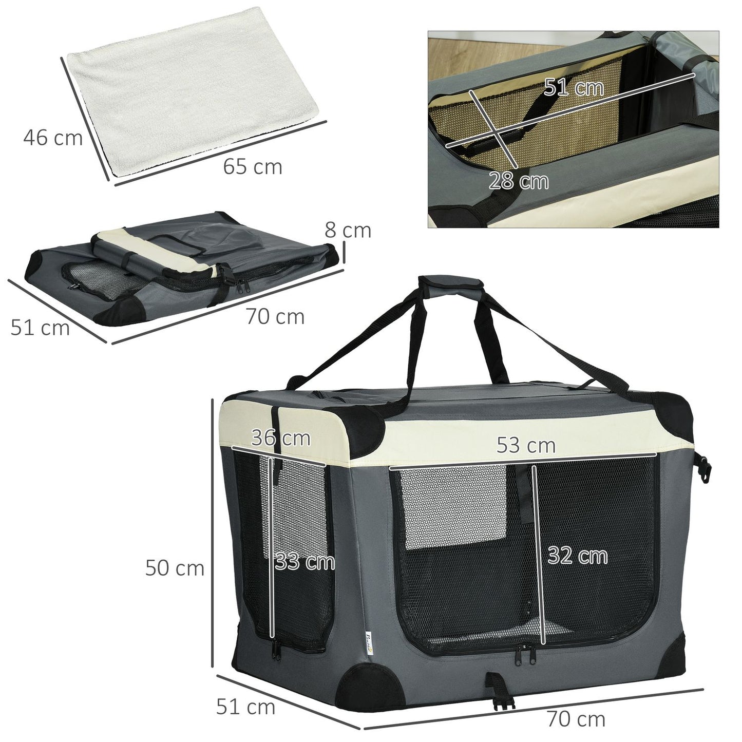 Foldable dog transport bag with cushion, grey/black