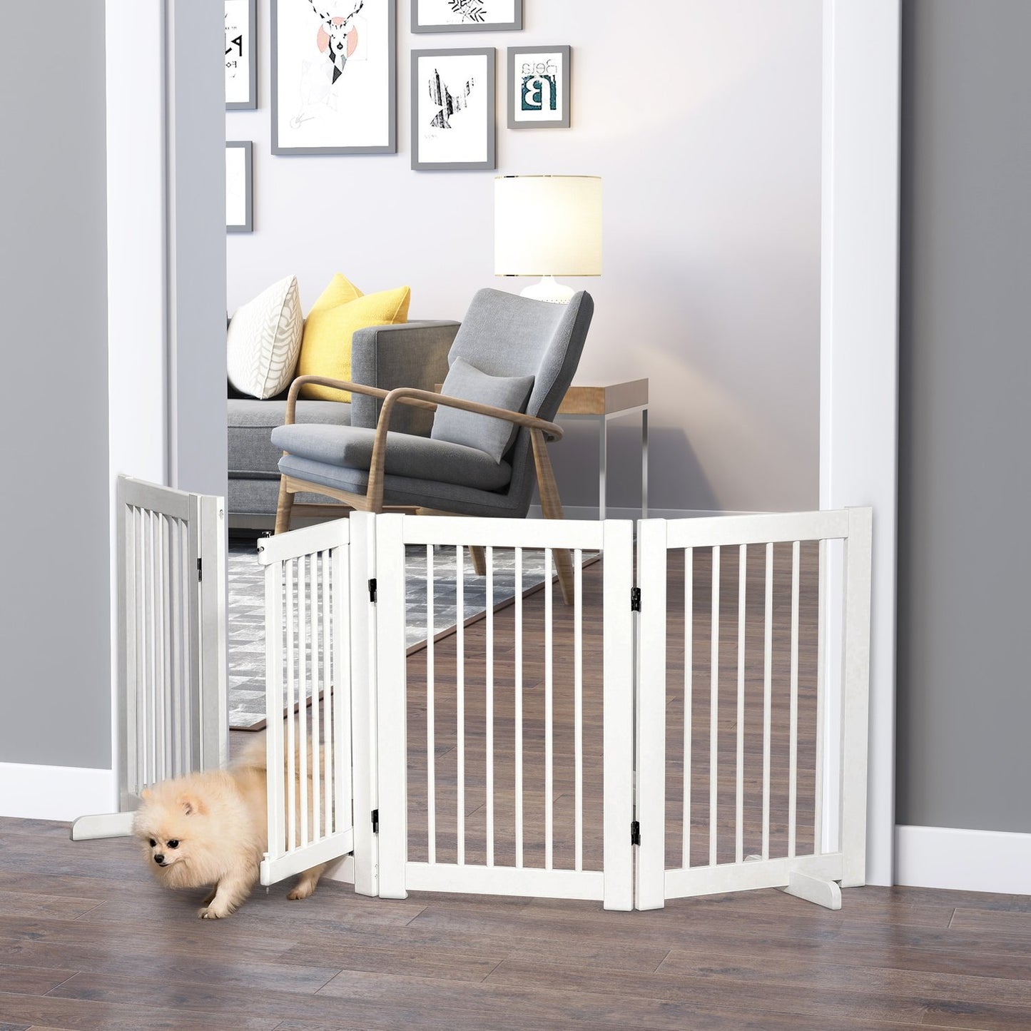 Freestanding wooden dog gate with door, 91 cm - White