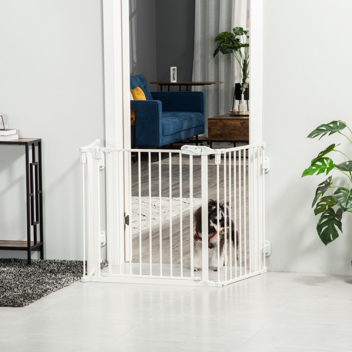 Foldable dog barrier with adjustable angle and automatic door