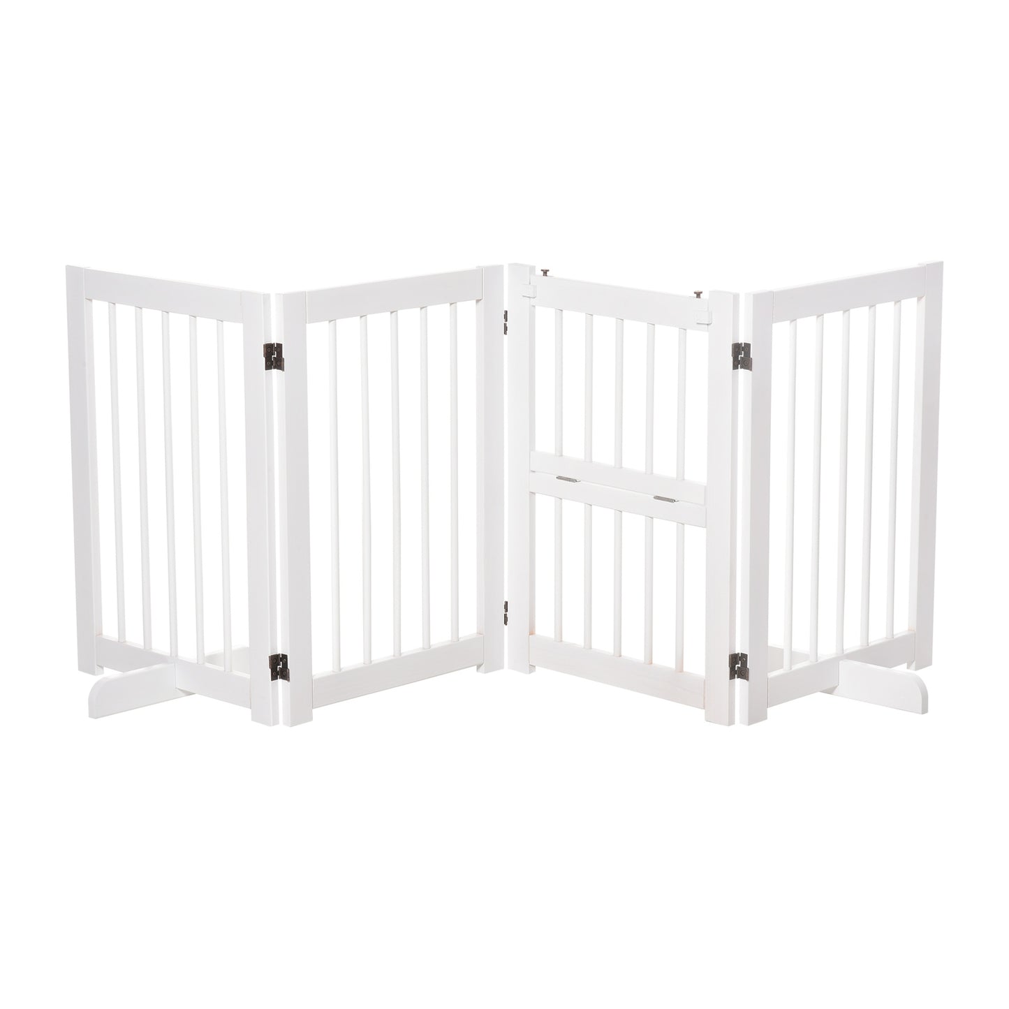 Collapsible dog safety gate with support feet, pine white