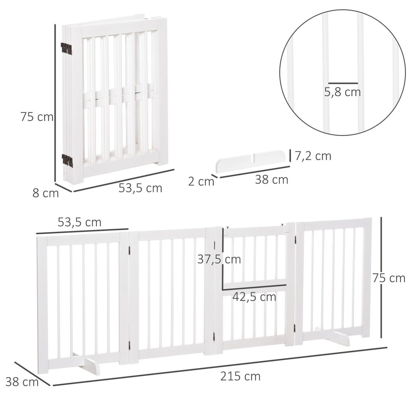 Collapsible dog safety gate with support feet, pine white
