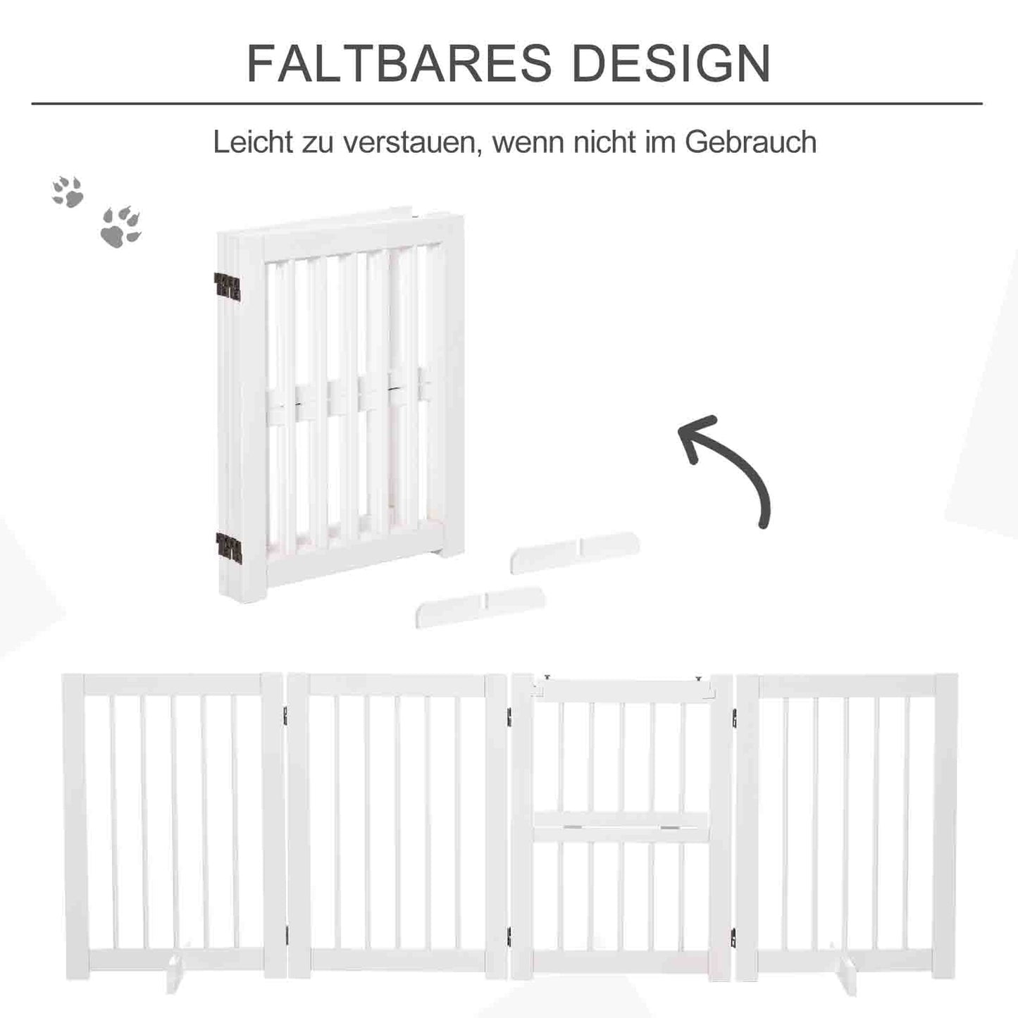 Collapsible dog safety gate with support feet, pine white