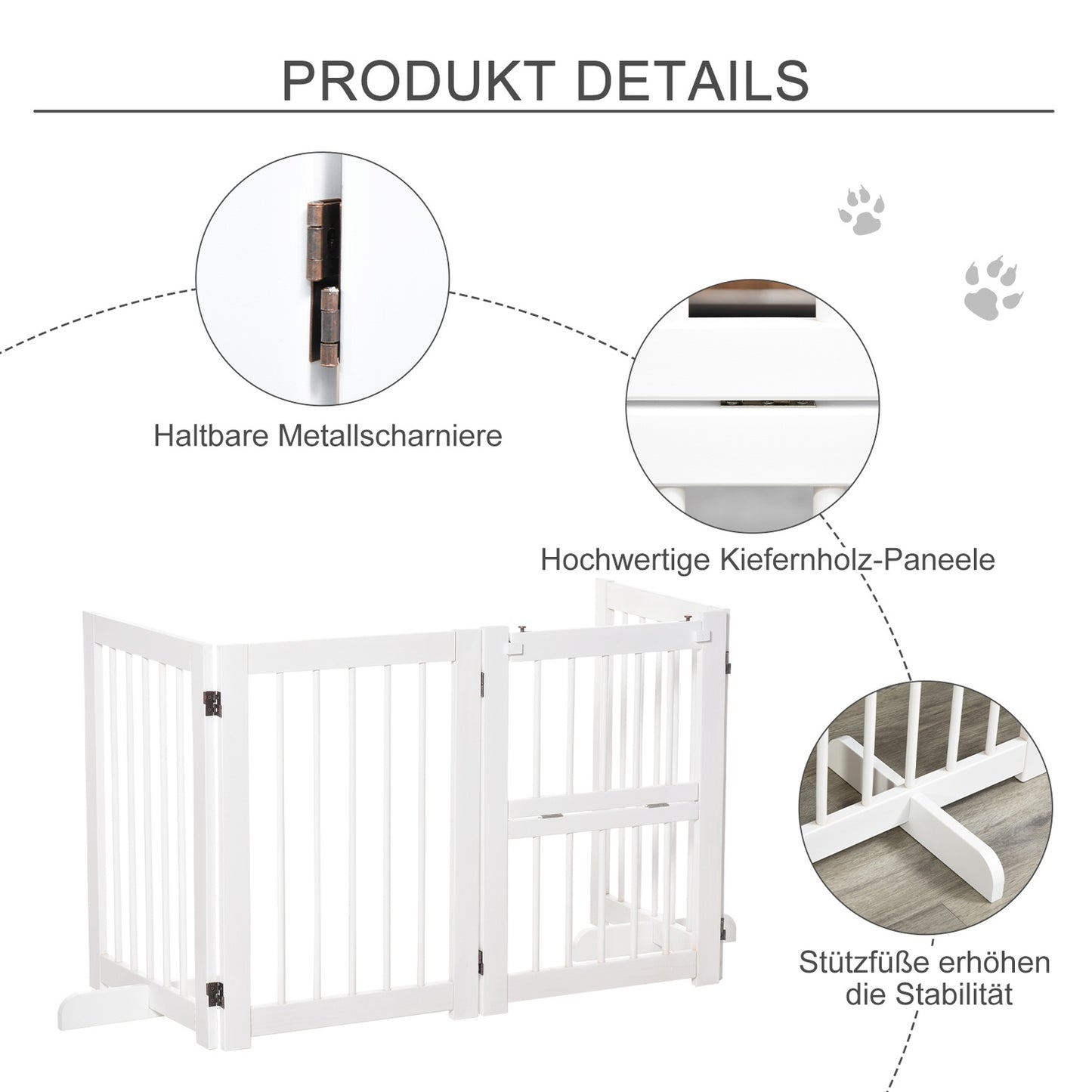 Collapsible dog safety gate with support feet, pine white