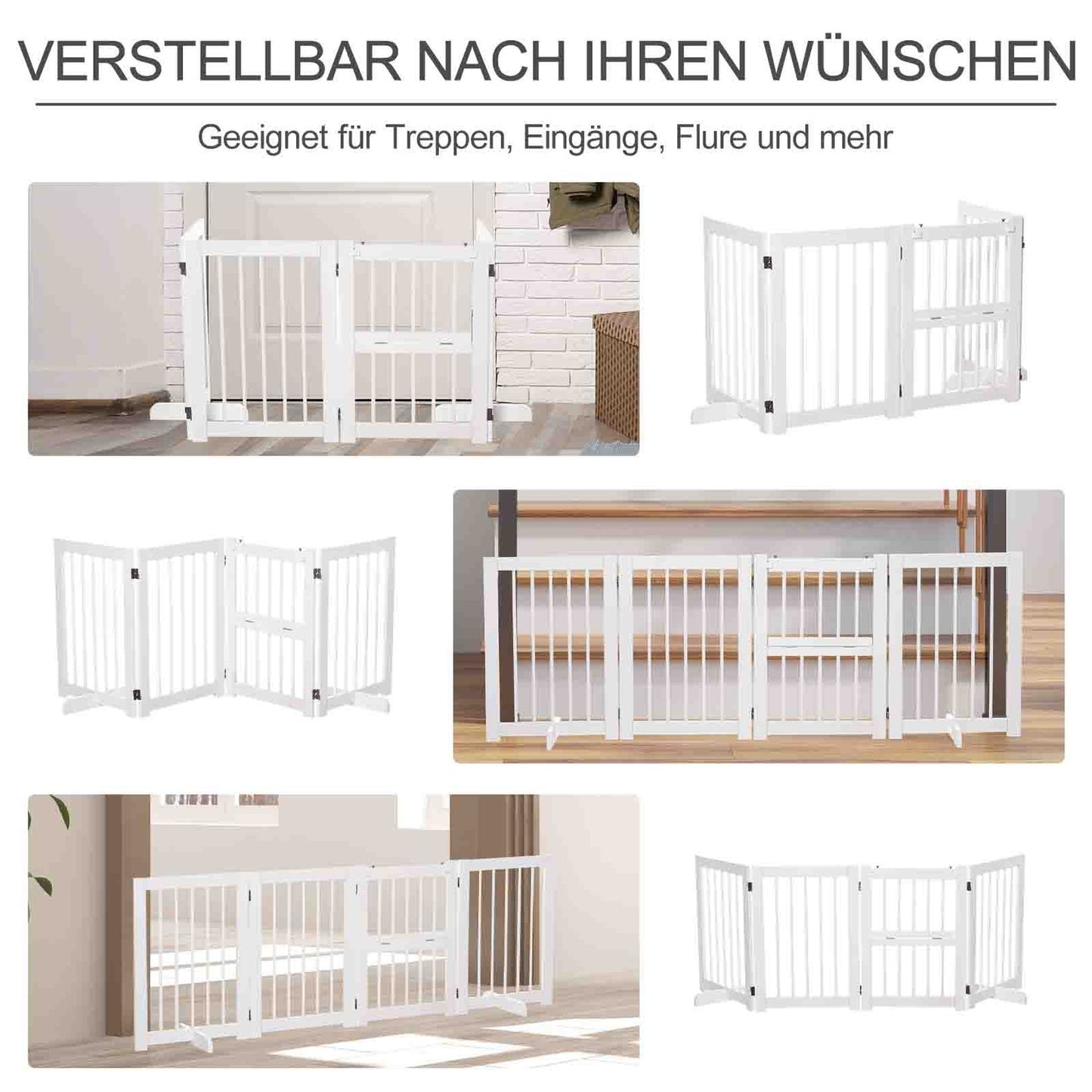 Collapsible dog safety gate with support feet, pine white