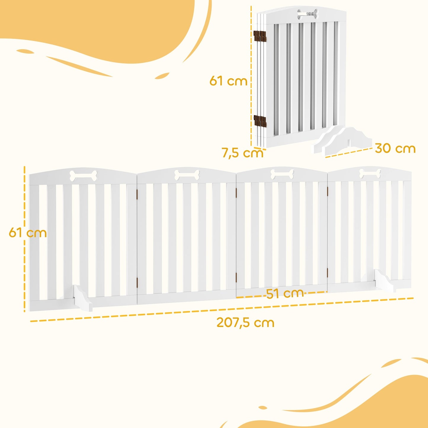 Dog barrier gate, foldable, 4-part, 207.5 x 61 cm, white