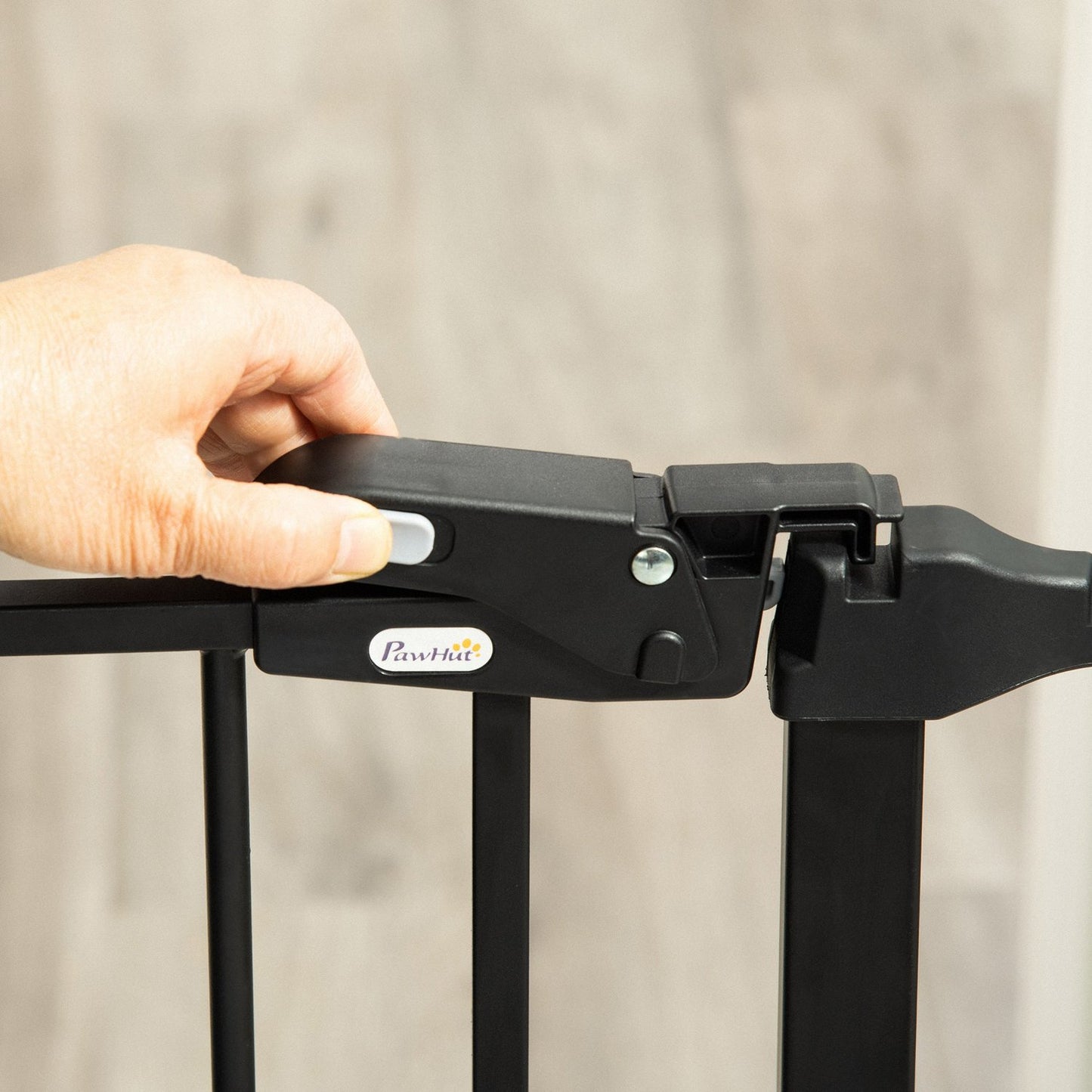 Adjustable dog barrier with automatic door, foldable 3 panels
