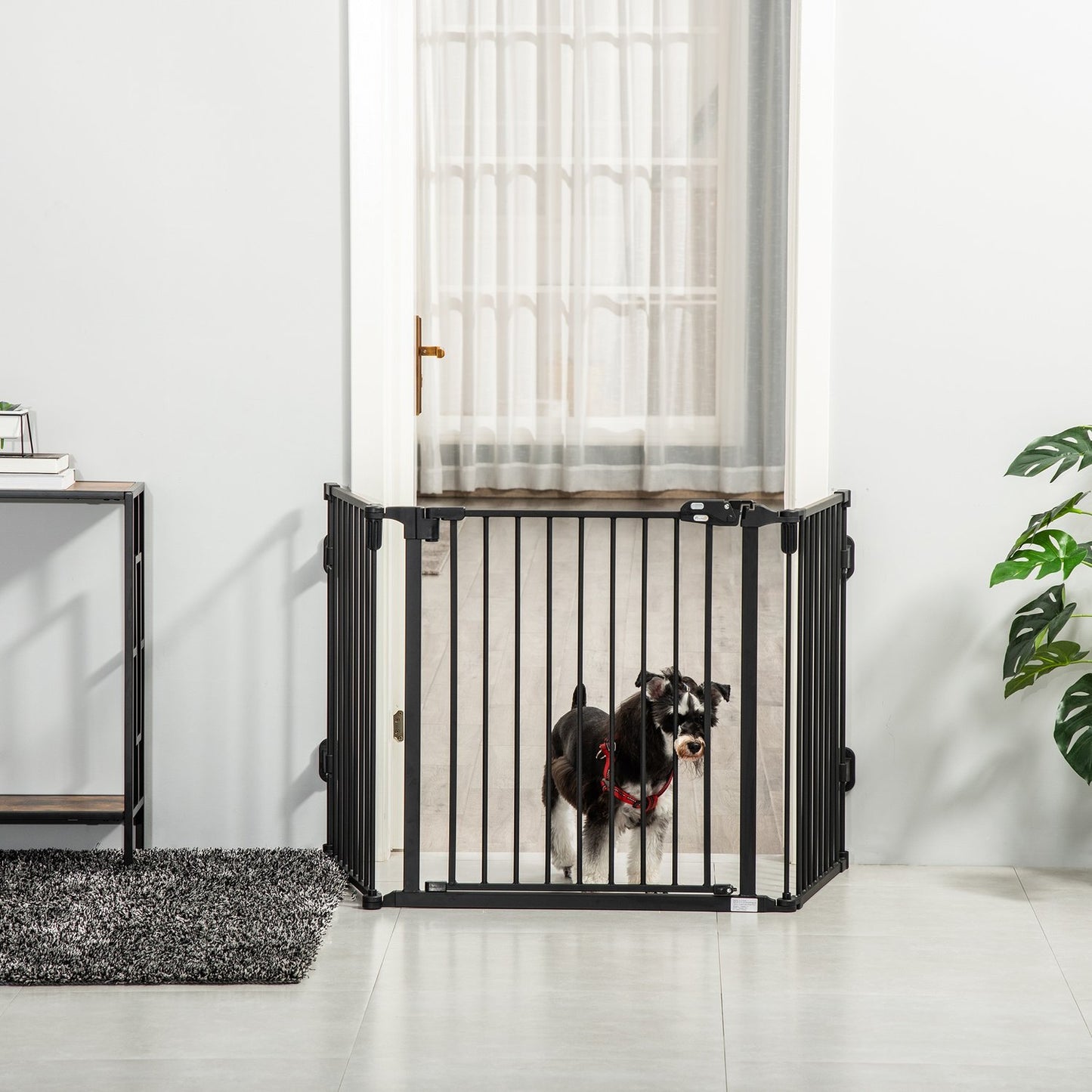 Adjustable dog barrier with automatic door, foldable 3 panels