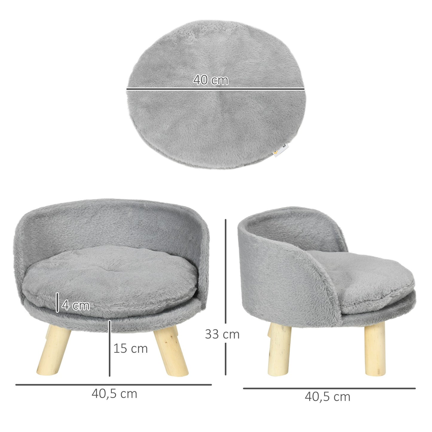 Gray dog and cat bed with non-slip wooden feet, 40.5 cm