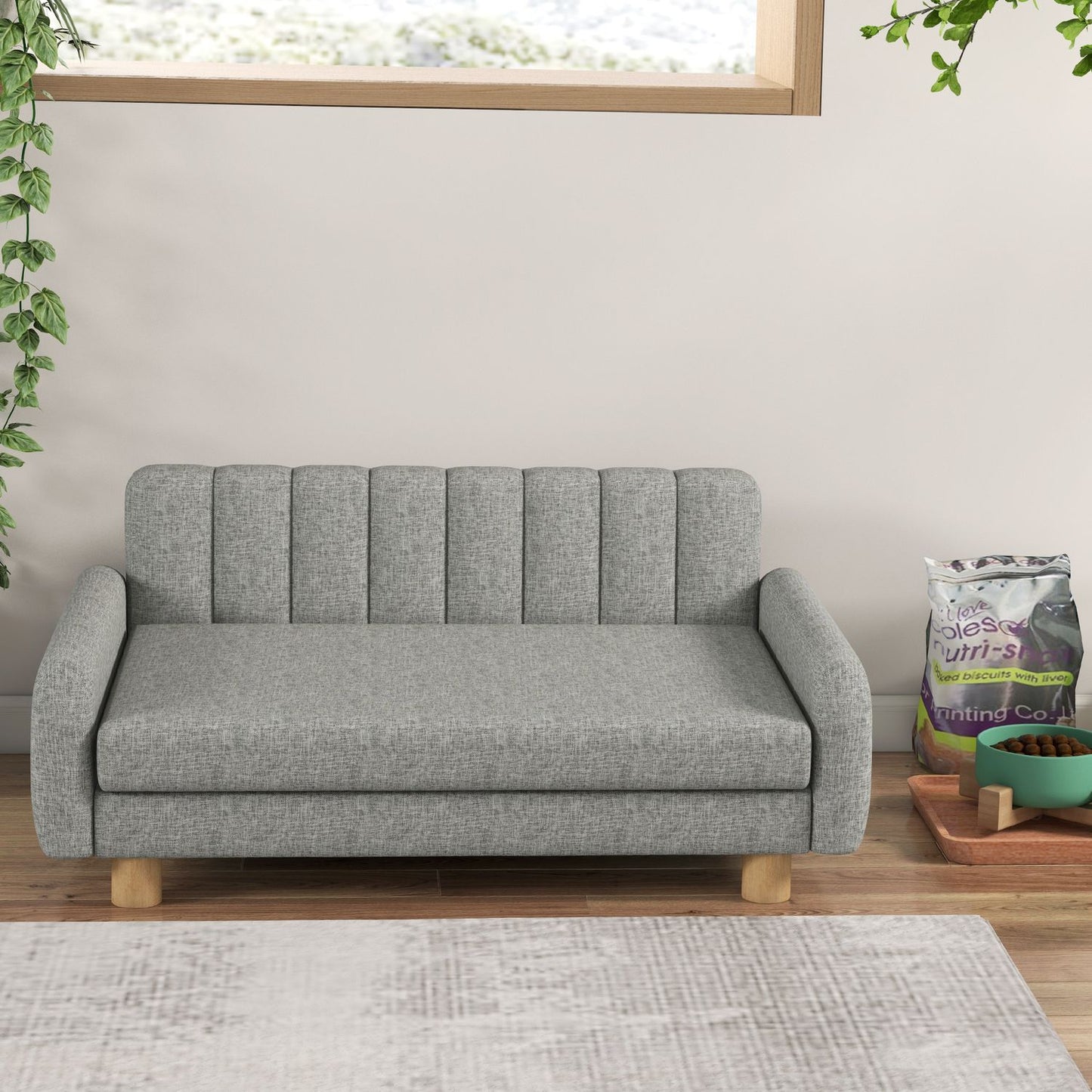 Raised gray dog bed with soft cushion for medium-sized dogs