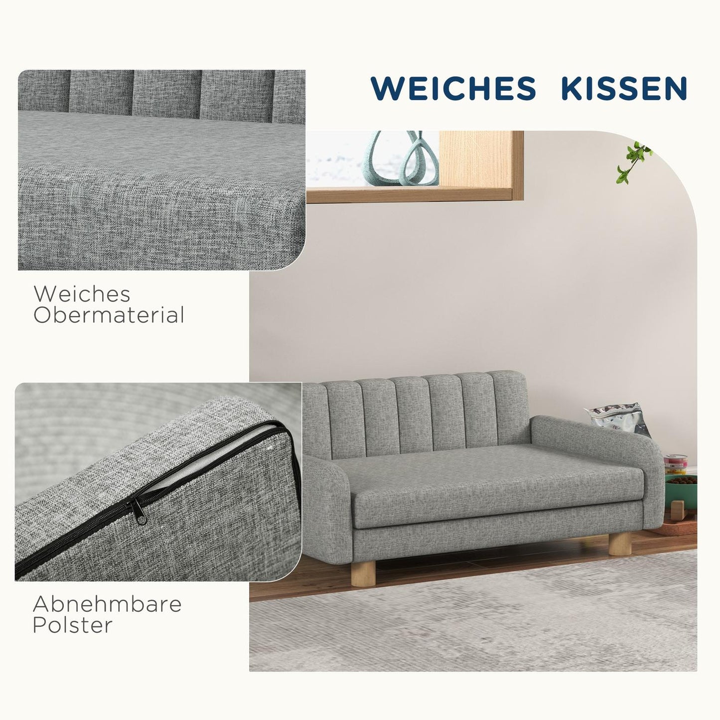 Raised gray dog bed with soft cushion for medium-sized dogs