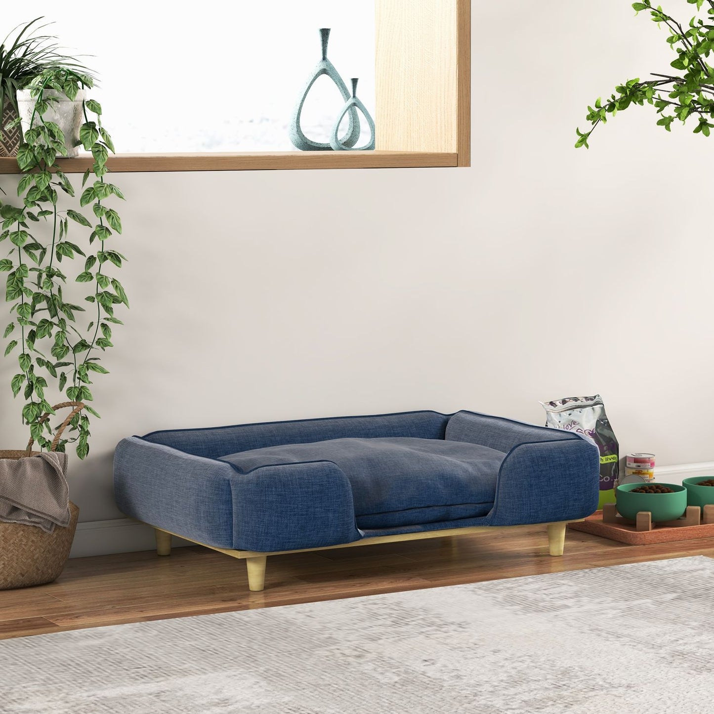 Dark blue dog bed sofa with wooden legs, 96x66x24 cm