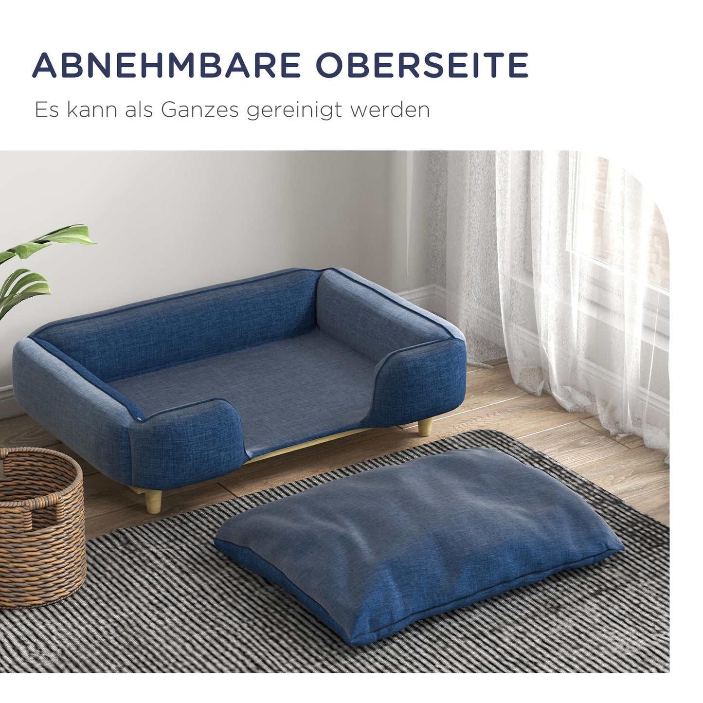 Dark blue dog bed sofa with wooden legs, 96x66x24 cm