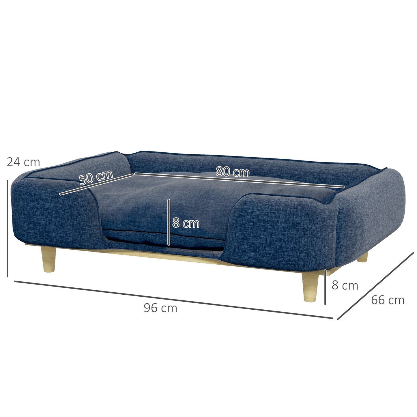Dark blue dog bed sofa with wooden legs, 96x66x24 cm