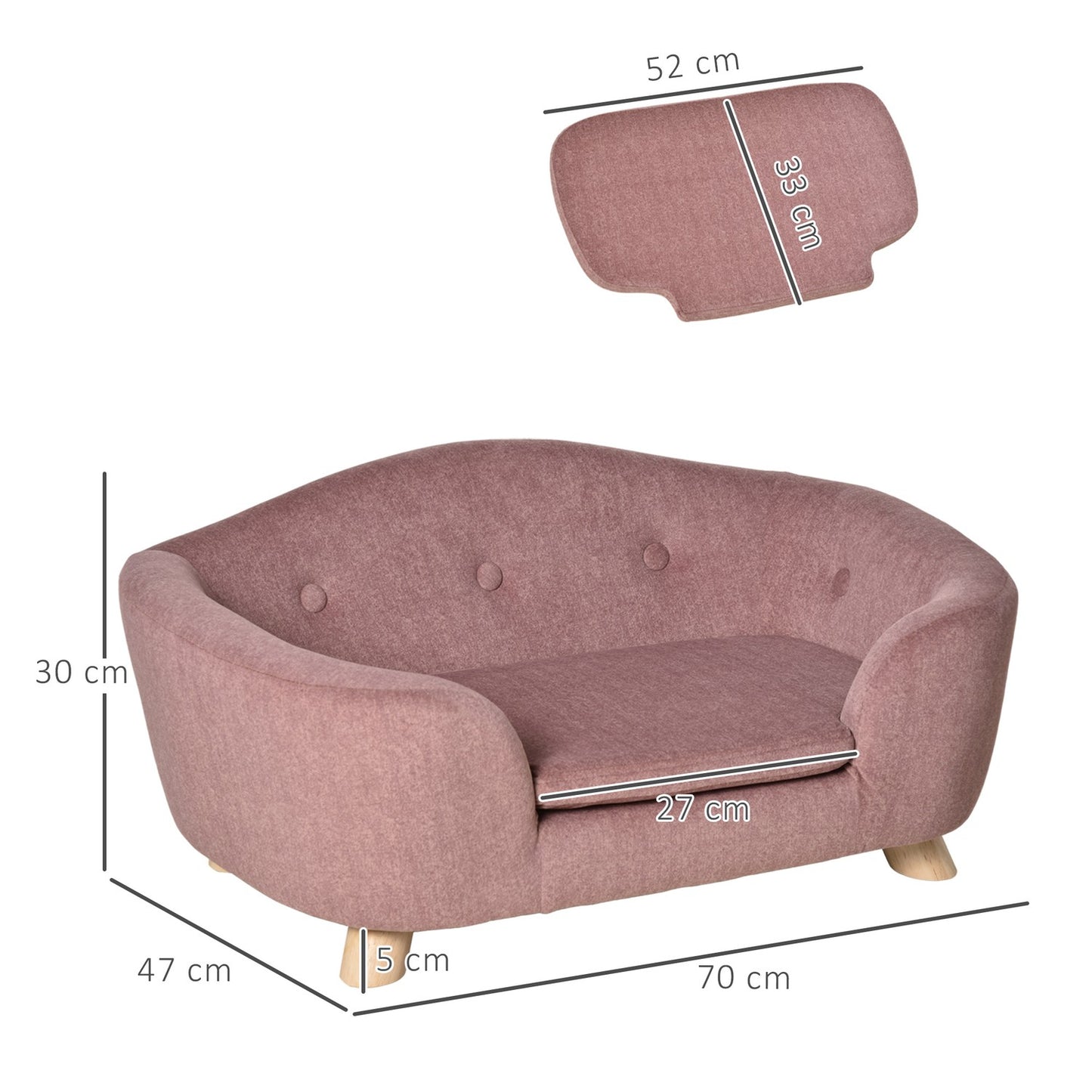 Dog sofa, plush foam, pink wood, 70 x 47 cm