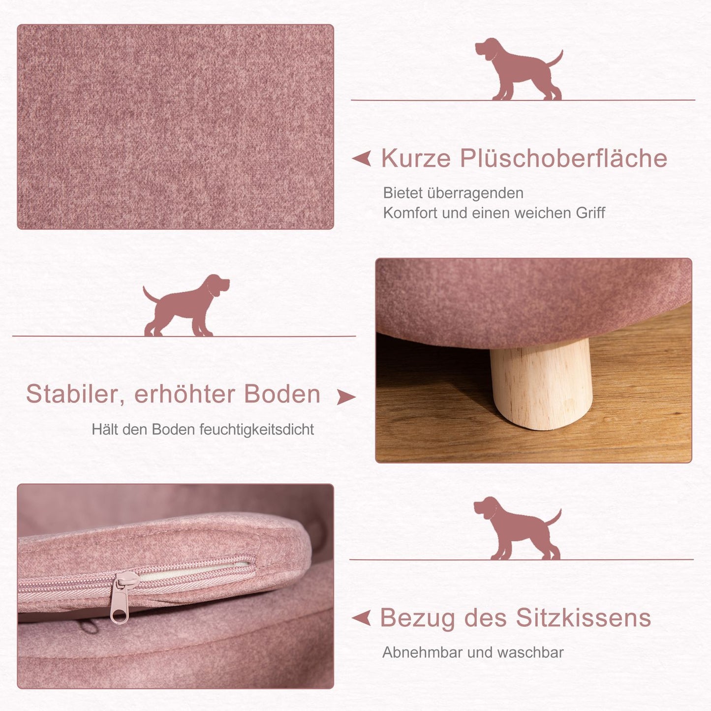 Dog sofa, plush foam, pink wood, 70 x 47 cm