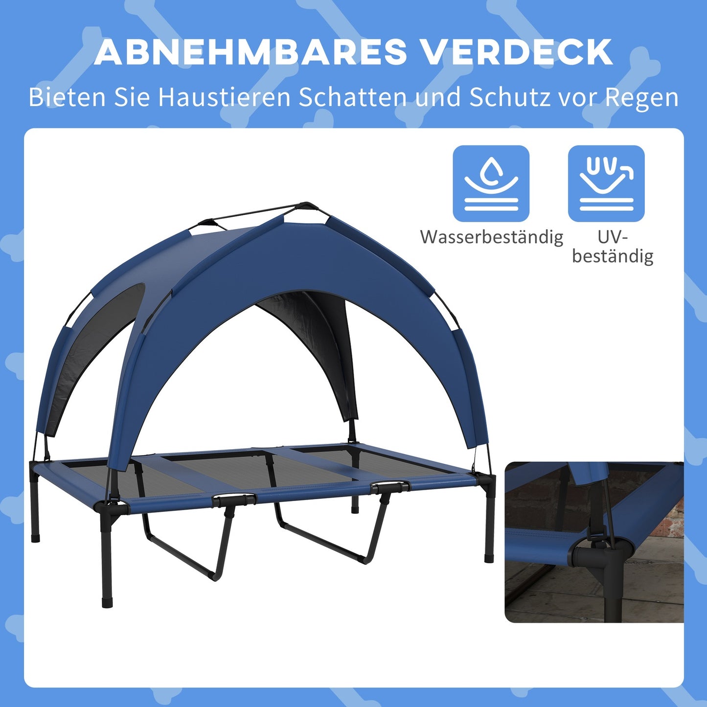 Raised outdoor dog bed with canopy, breathable, large