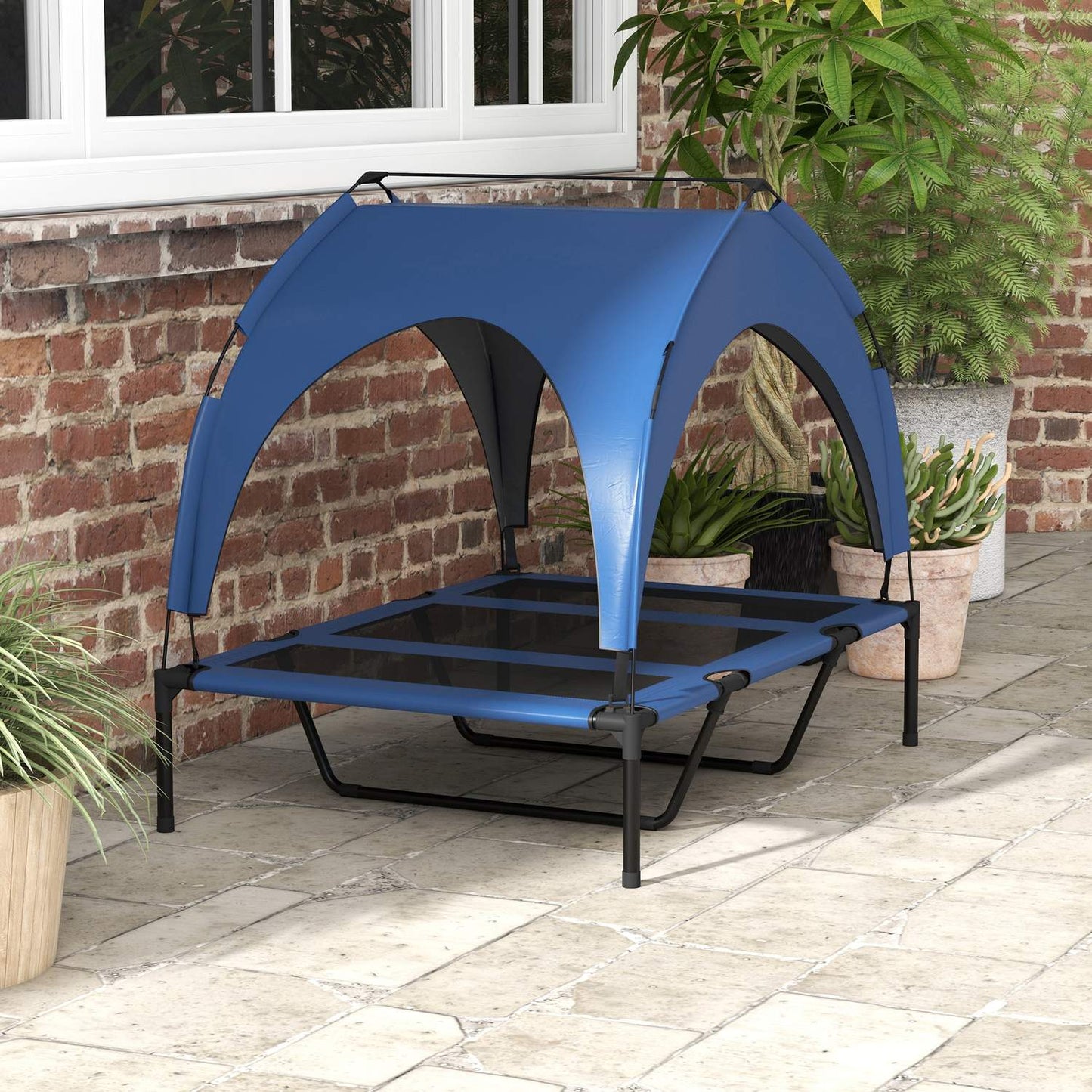 Raised outdoor dog bed with canopy, breathable, large