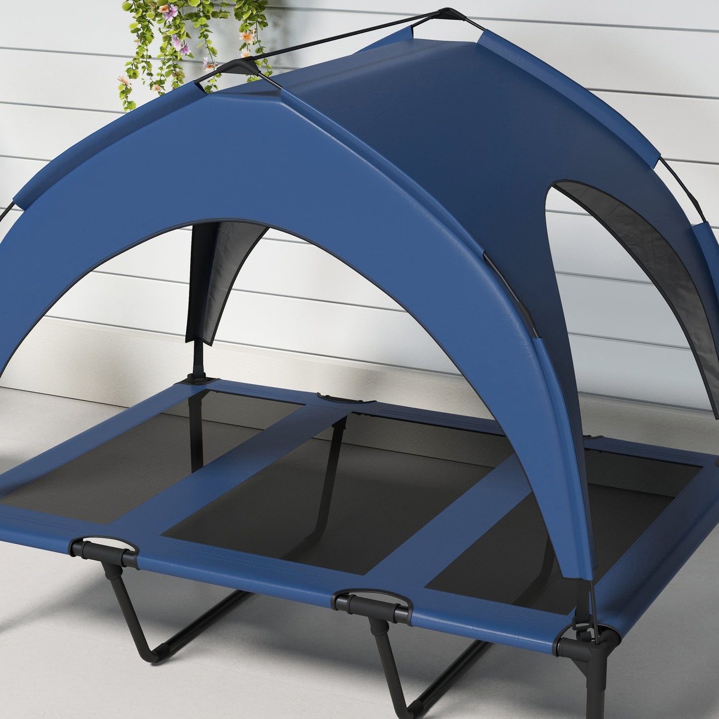 Raised outdoor dog bed with canopy, breathable, large