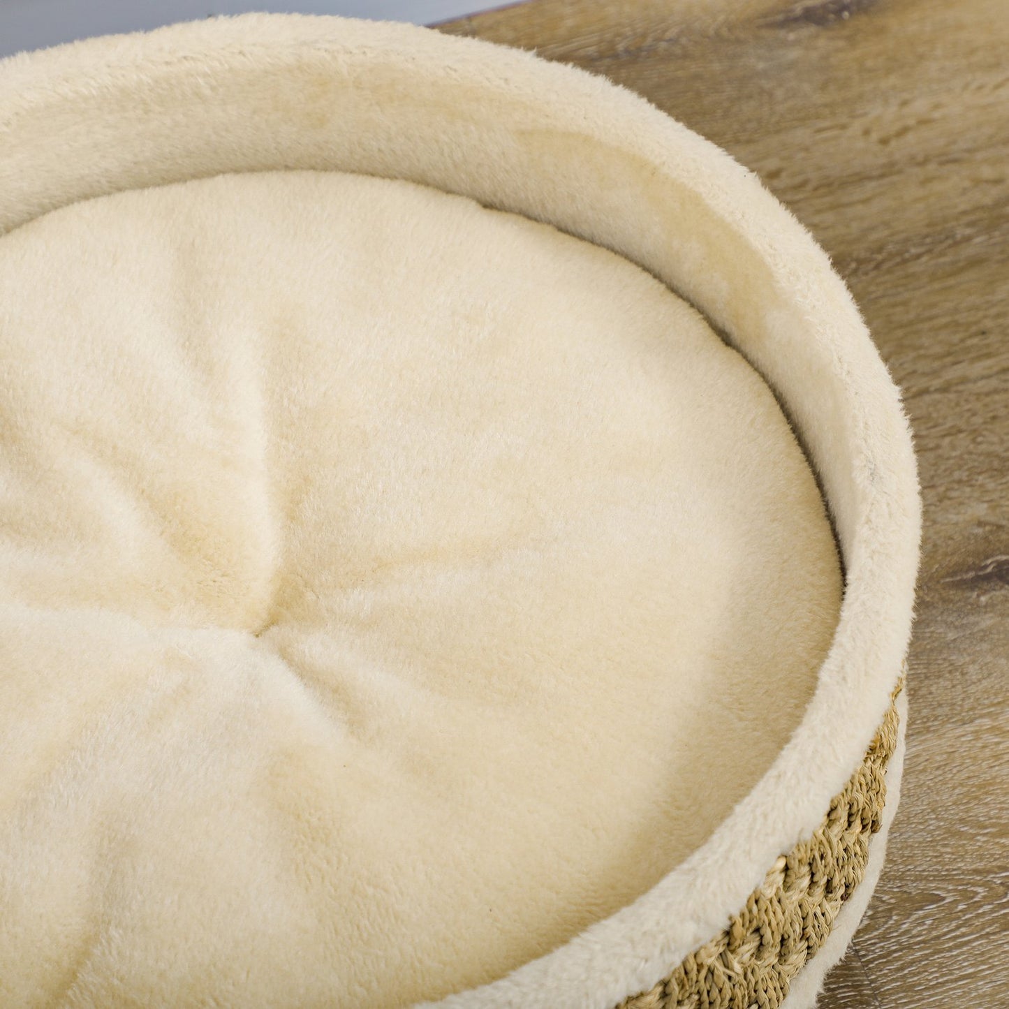 Elevated dog bed with washable cushion, seaweed rope