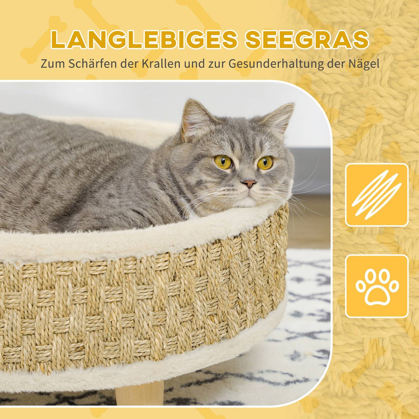 Elevated dog bed with washable cushion, seaweed rope