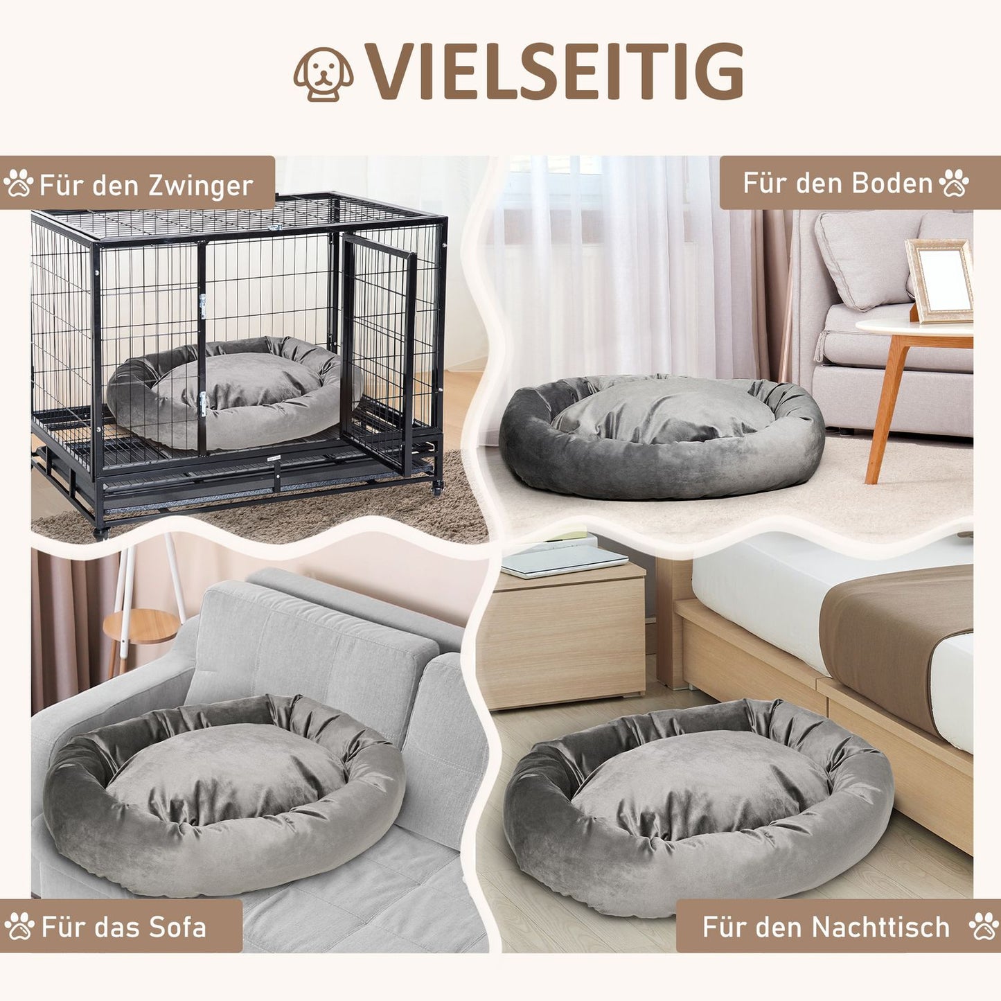 Round dog bed - velvet smooth polyester, removable cover, gray