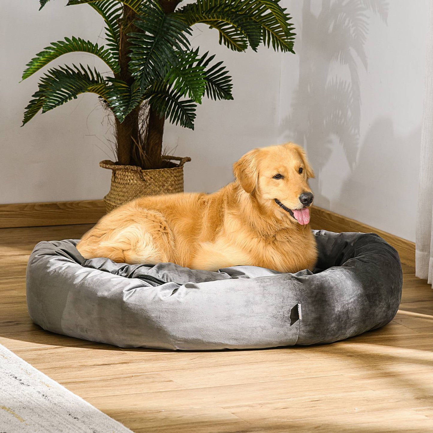 Round dog bed - velvet smooth polyester, removable cover, gray