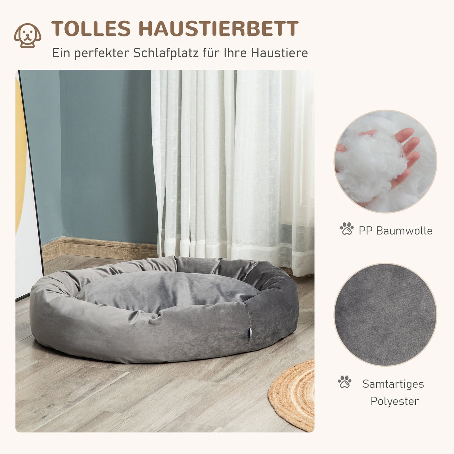 Round dog bed - velvet smooth polyester, removable cover, gray