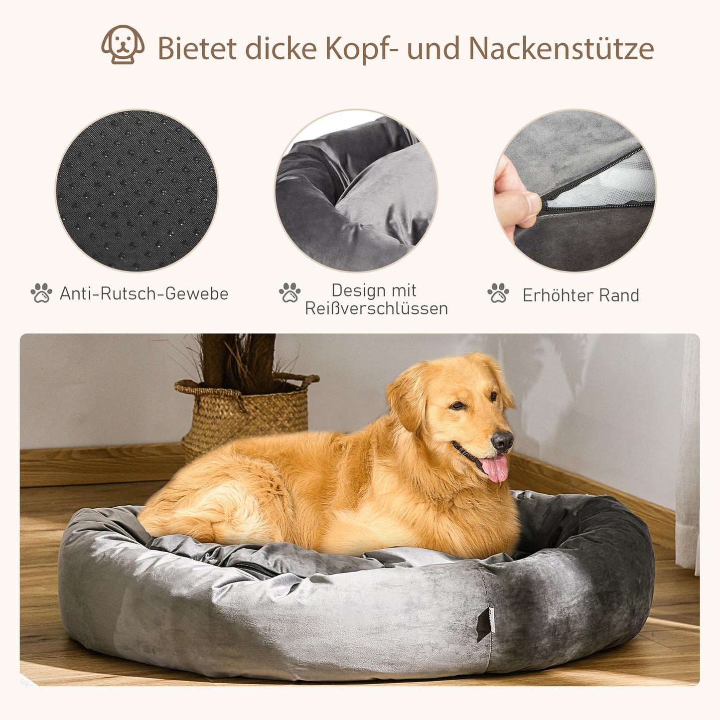 Round dog bed - velvet smooth polyester, removable cover, gray