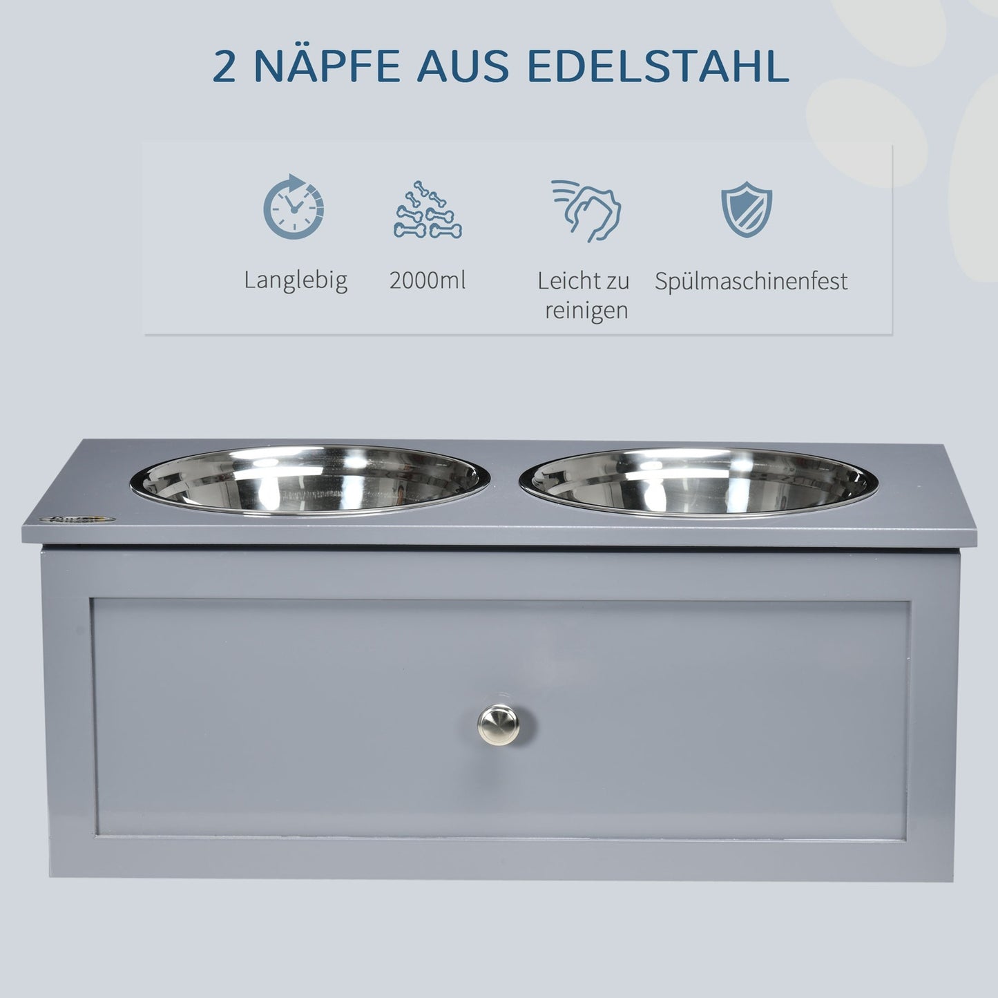 Dog feeding station in stainless steel, double bowls, gray