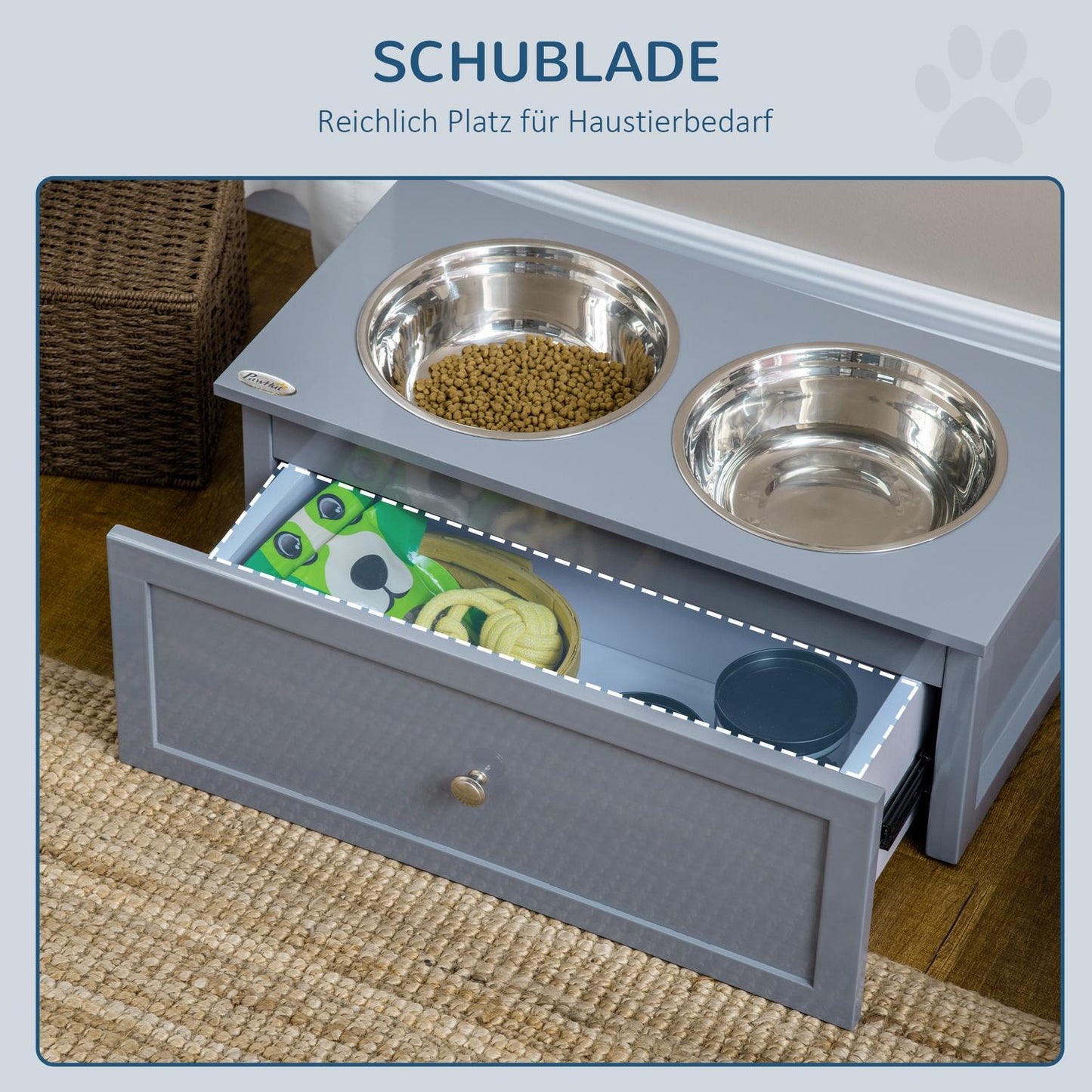 Dog feeding station in stainless steel, double bowls, gray