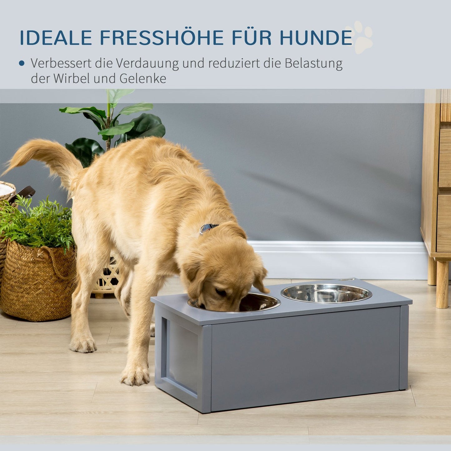 Dog feeding station in stainless steel, double bowls, gray