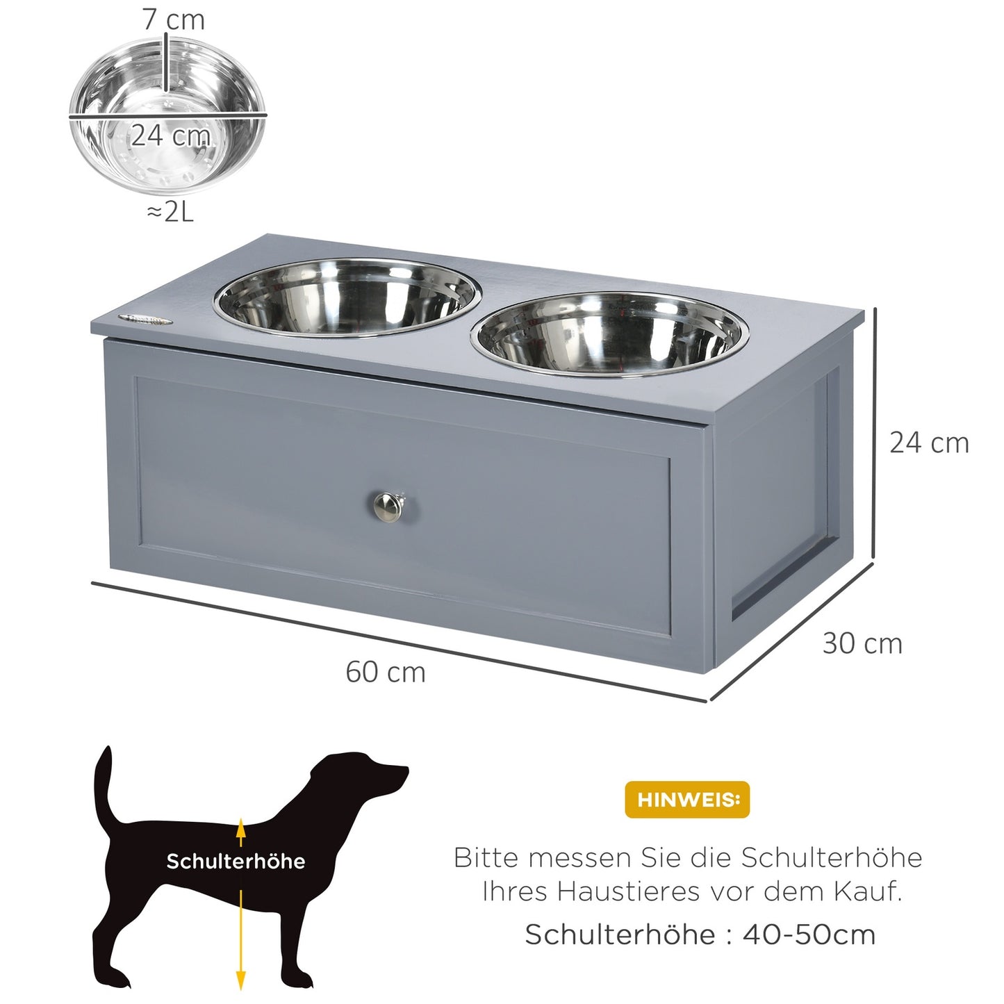 Dog feeding station in stainless steel, double bowls, gray