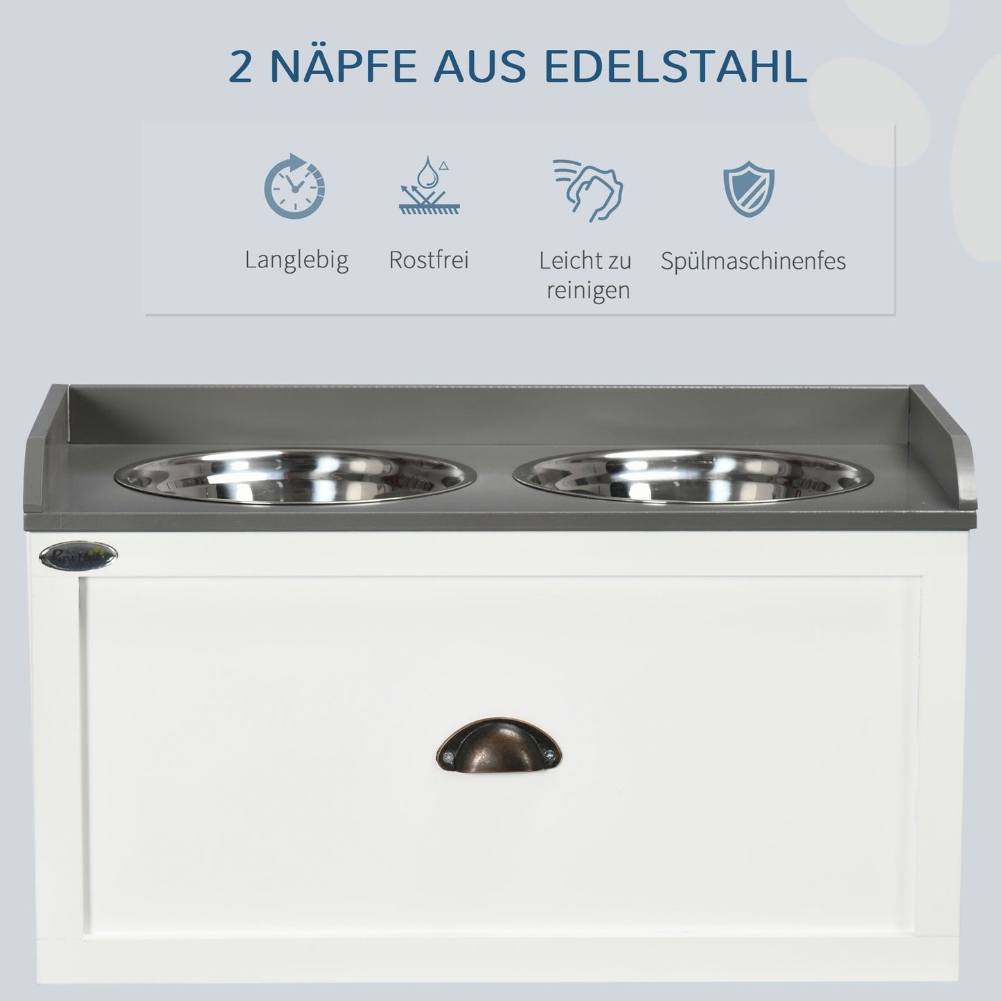 Elevated dog bowl feeding station with 2x2L stainless steel bowls