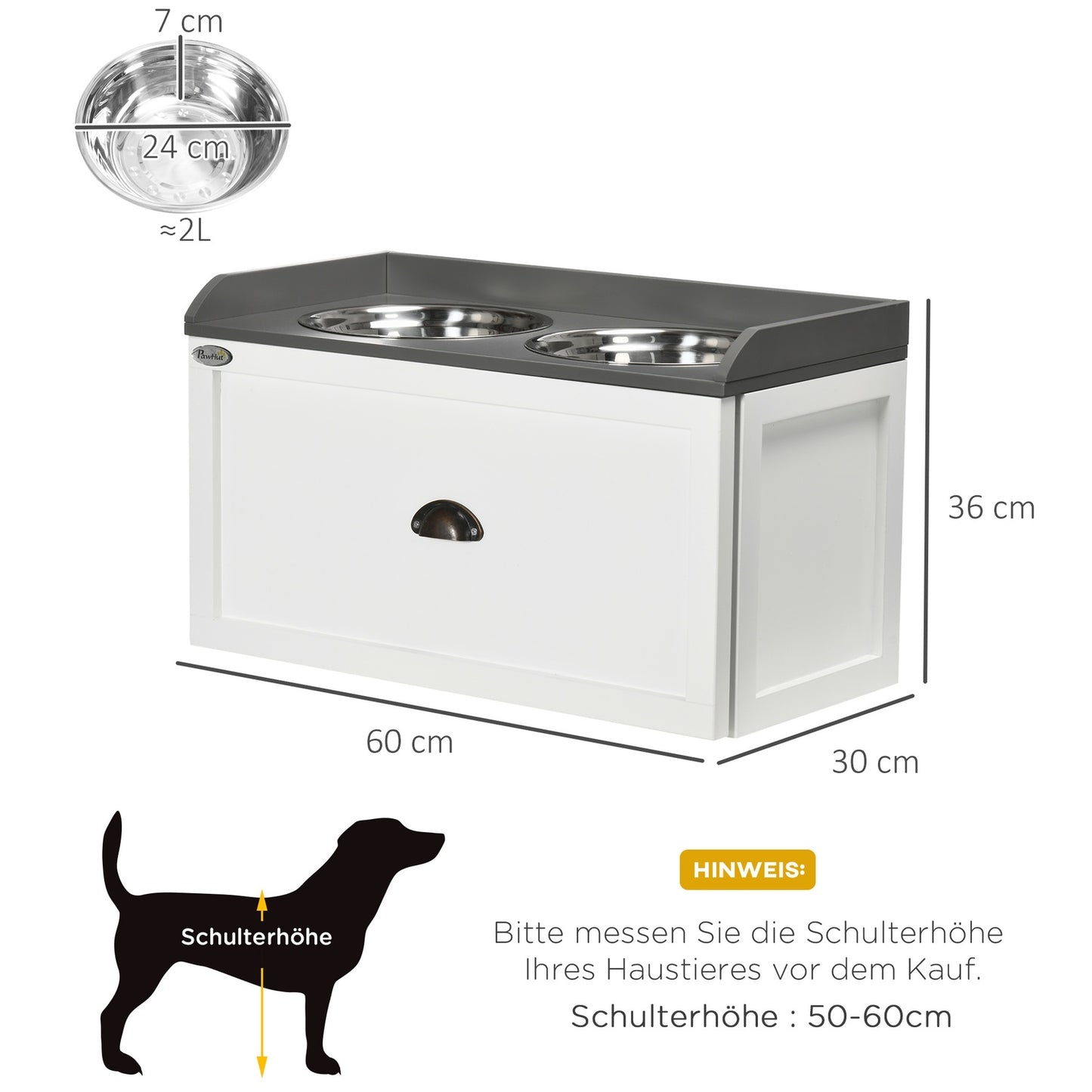 Elevated dog bowl feeding station with 2x2L stainless steel bowls