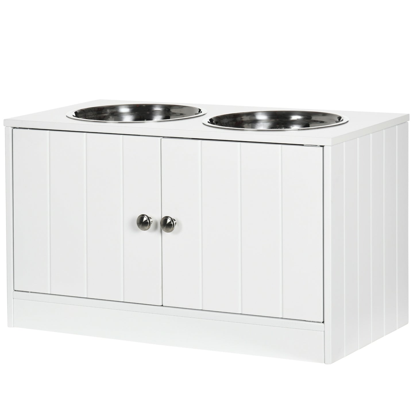 Raised dog bowl stand with storage & 2 steel bowls