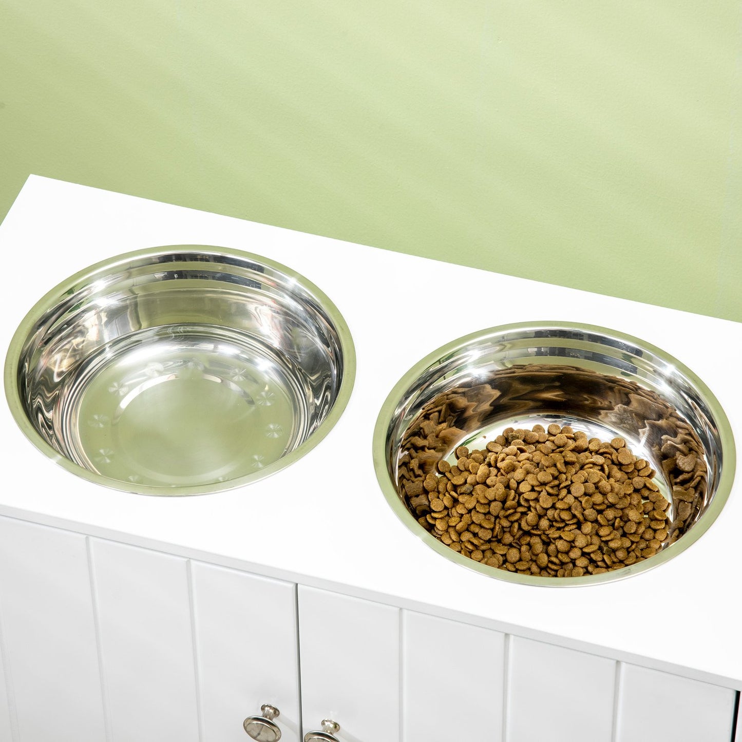 Raised dog bowl stand with storage & 2 steel bowls