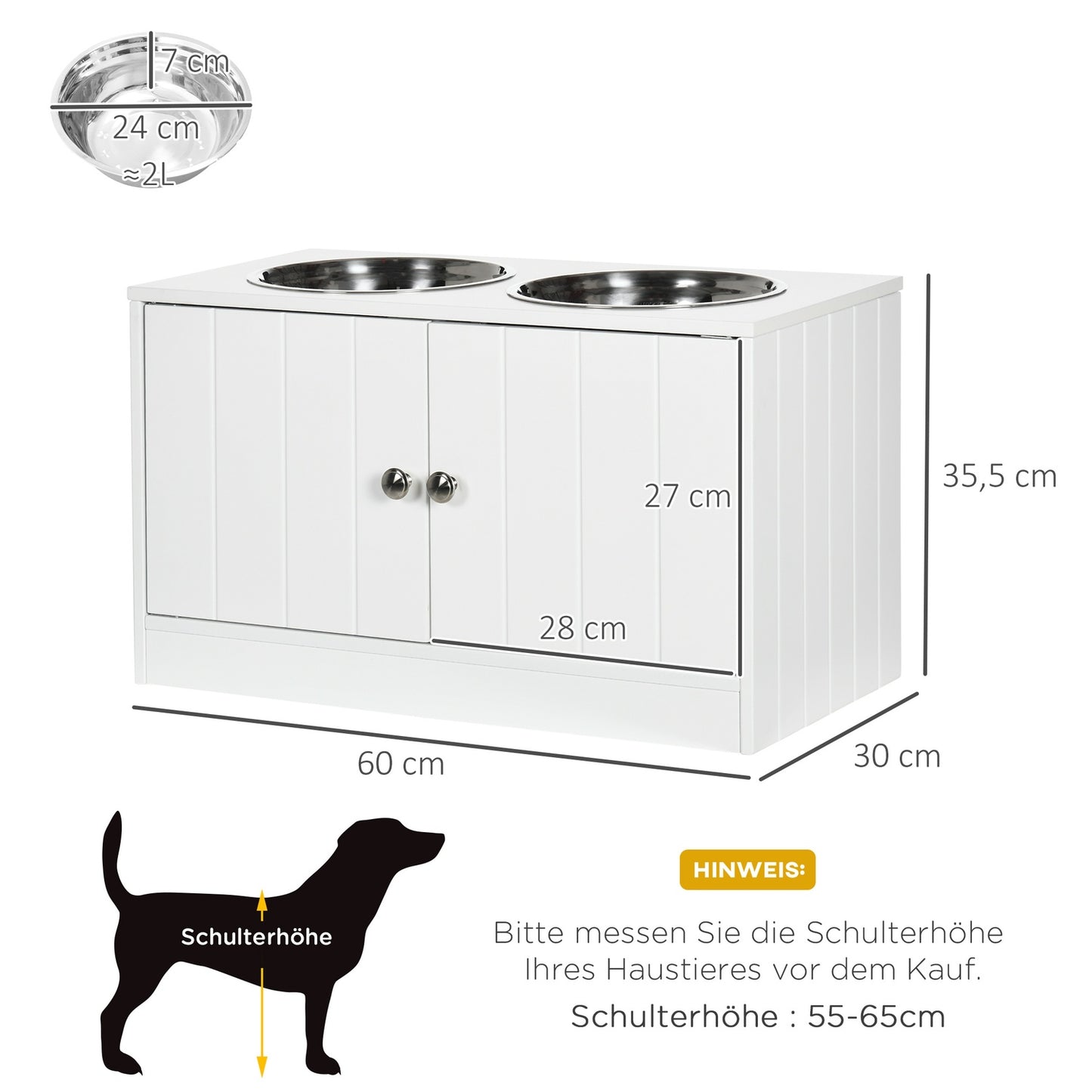 Raised dog bowl stand with storage & 2 steel bowls