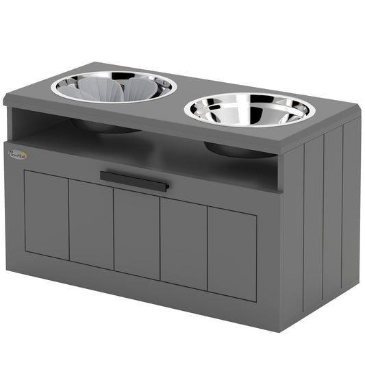 Elevated dog feeding station with storage, gray
