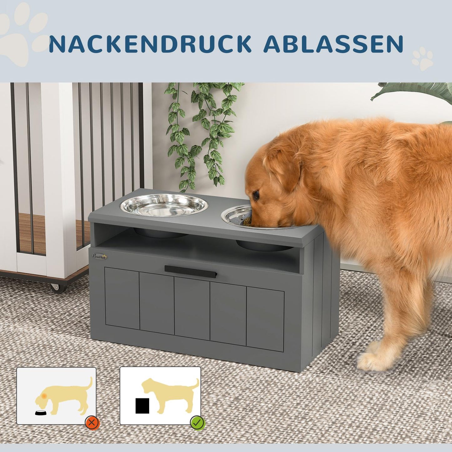 Elevated dog feeding station with storage, gray