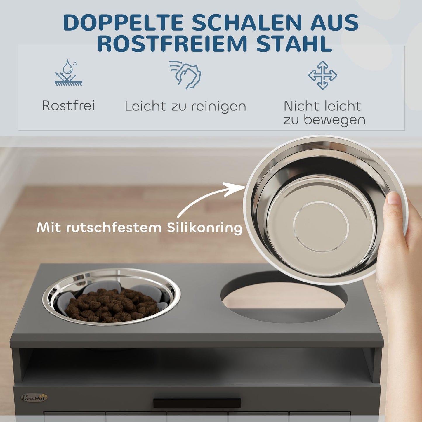 Elevated dog feeding station with storage, gray