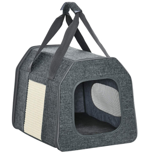 Pet transport box with mesh window and cushion, gray