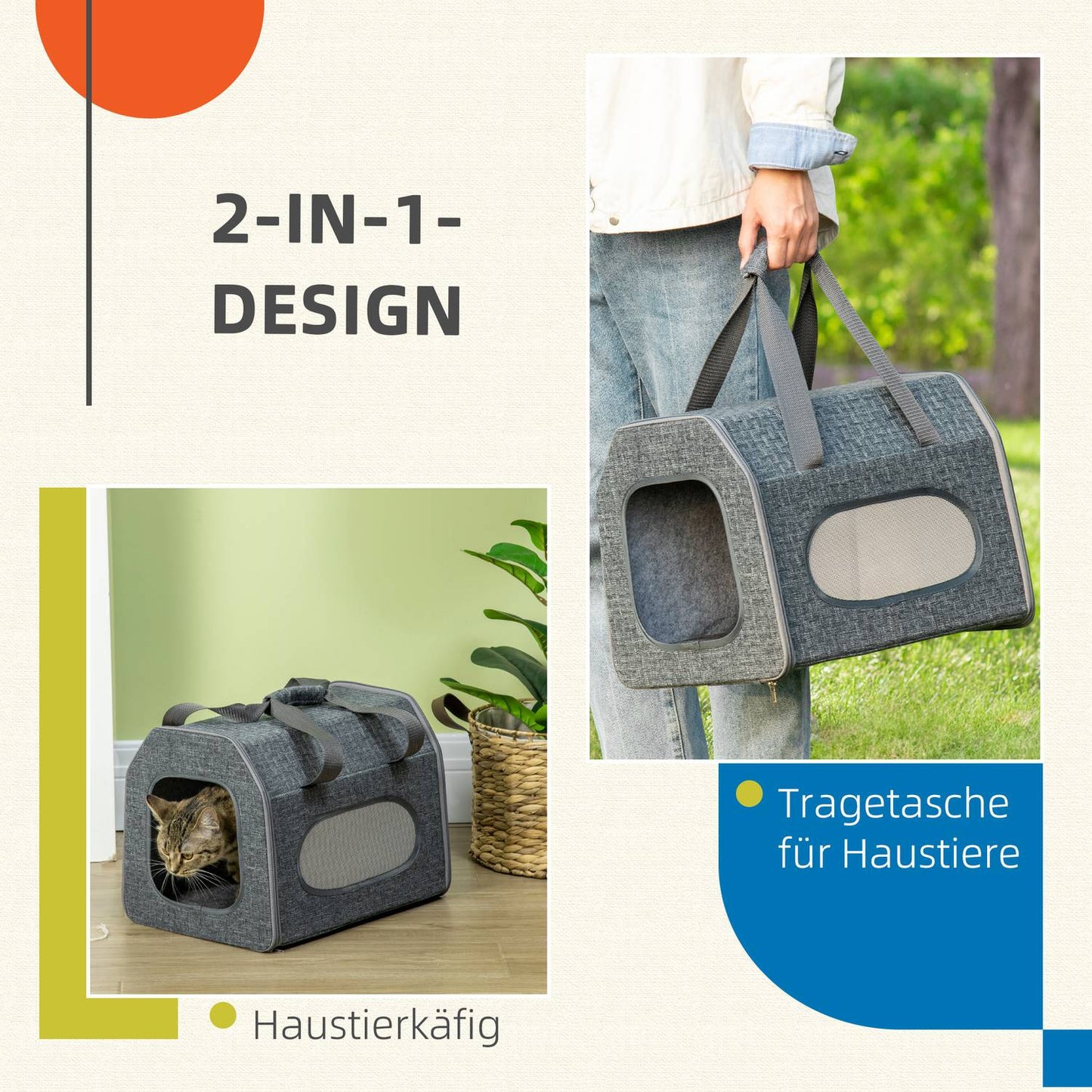 Pet transport box with mesh window and cushion, gray