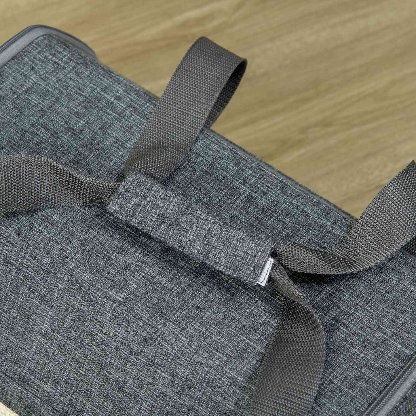 Pet transport box with mesh window and cushion, gray