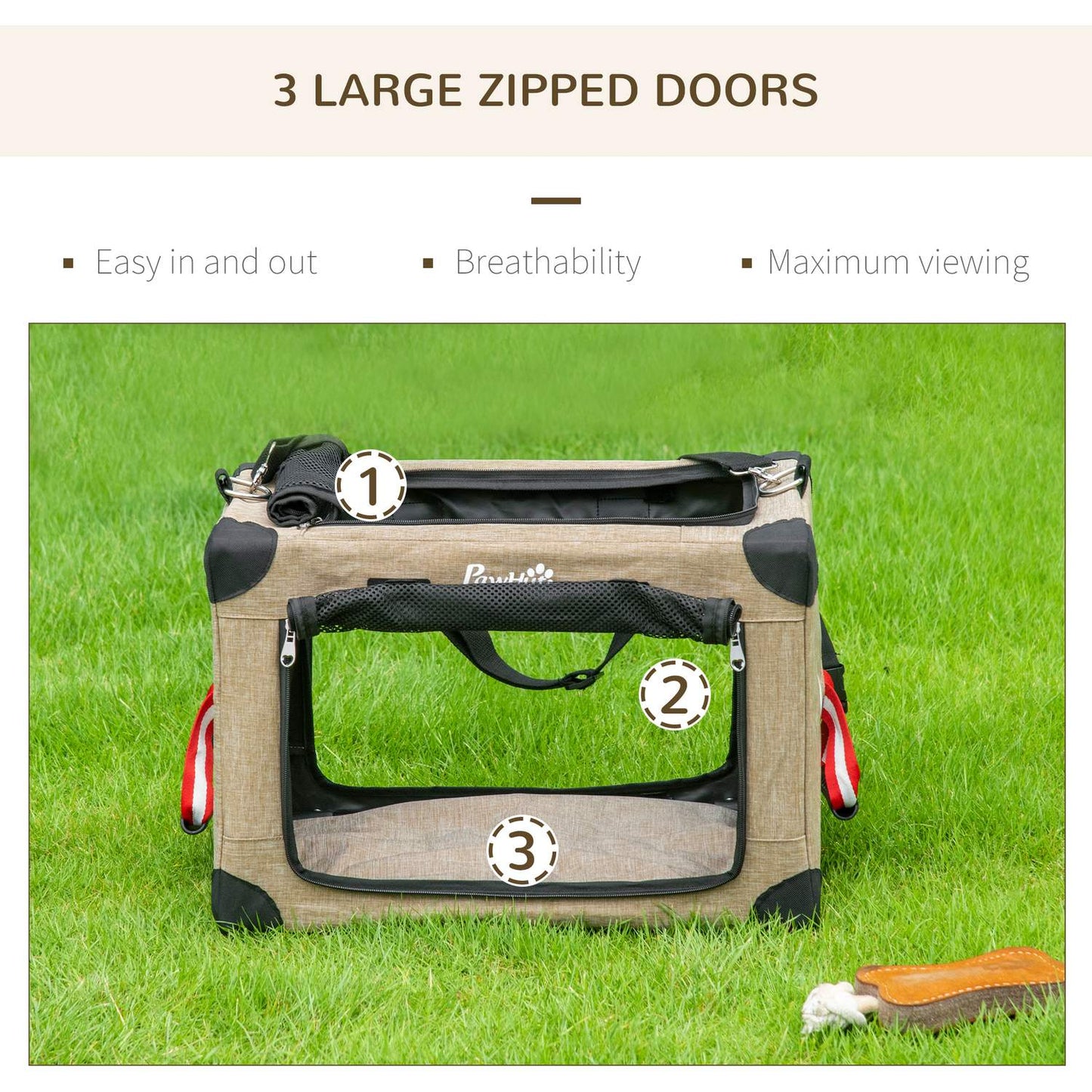 Collapsible dog transport box with handle, Khaki, 48.5x33.5x33cm